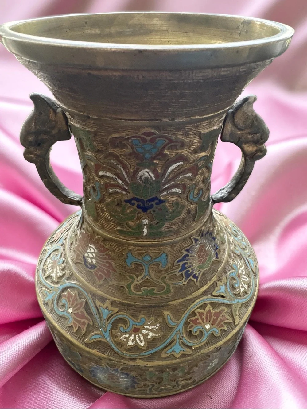 Antique Asian  Enamel Cloisonne Bronze  Multicolored Urn Vase 12” Tall !!!